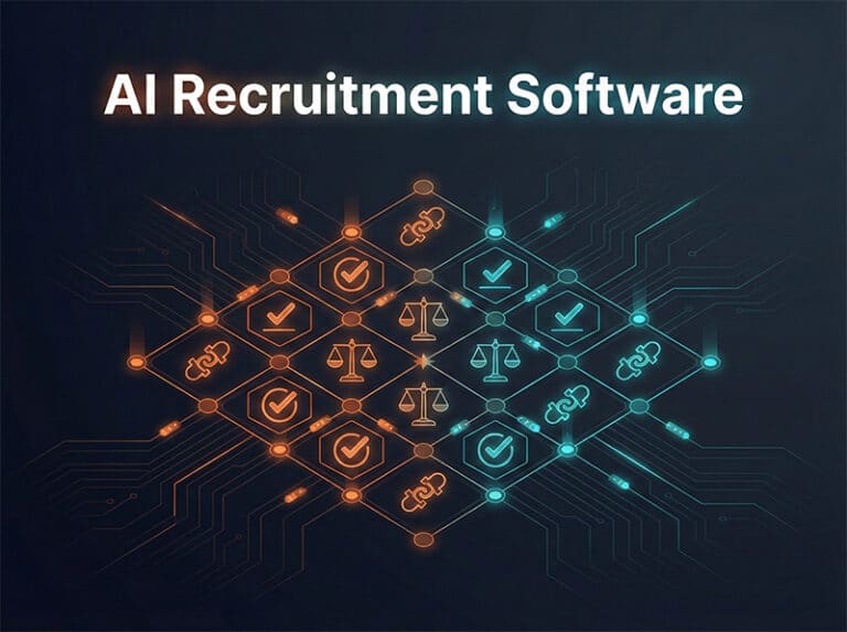 AI recruitment software evaluation framework with dark background and orange teal geometric accents