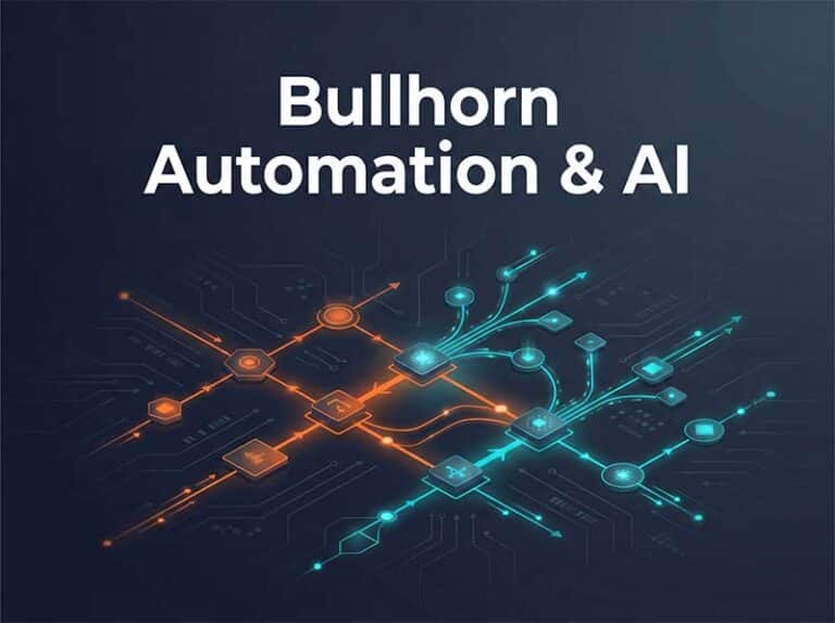 Bullhorn automation and AI integration - abstract workflow diagram with connected nodes on dark background with orange and teal accents