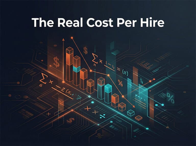 Cost per hire in staffing industry benchmarks with dark background and orange teal data visualization accents