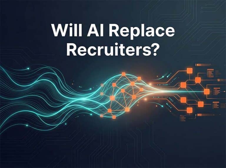 Will AI replace recruiters - abstract visualization of human and AI collaboration with dark background and orange teal accents