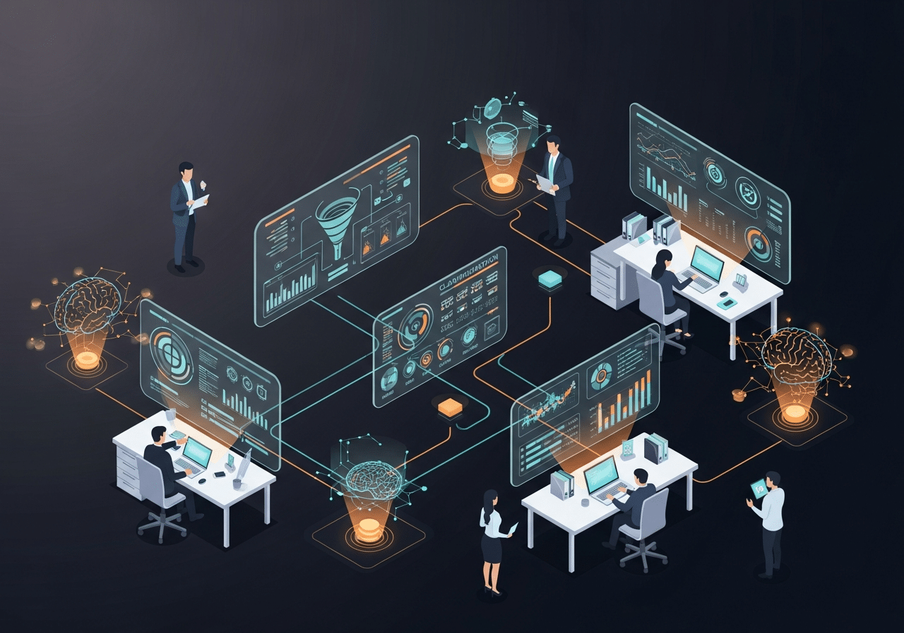 Modern B2B operations center with holographic workflow displays and team collaboration