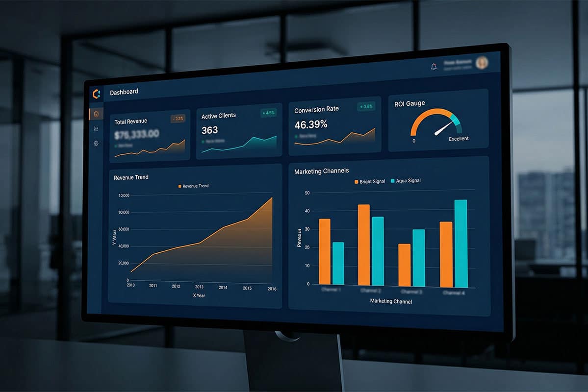 Business dashboard showing ROI metrics, revenue trends and marketing channel performance